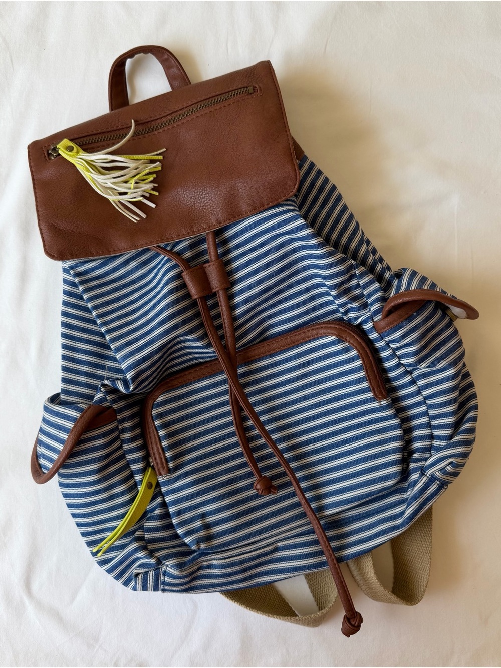Madden Girl Blue & White Striped Canvas Backpack w/ Faux Leather Trim